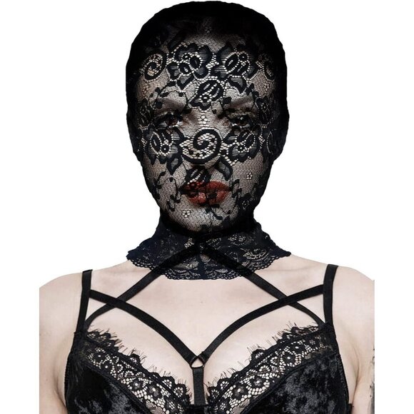 🆕Women Black Lace Hole Face Mask Gothic Sexy Halloween Spandex Cosplay Mask - Picture 5 of 5